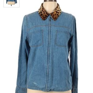 Y2K GLORIA VANDERBILT JEAN JACKET CHEETAH COLLAR Sz L WOMENS ZIPPER FRONT DENIM